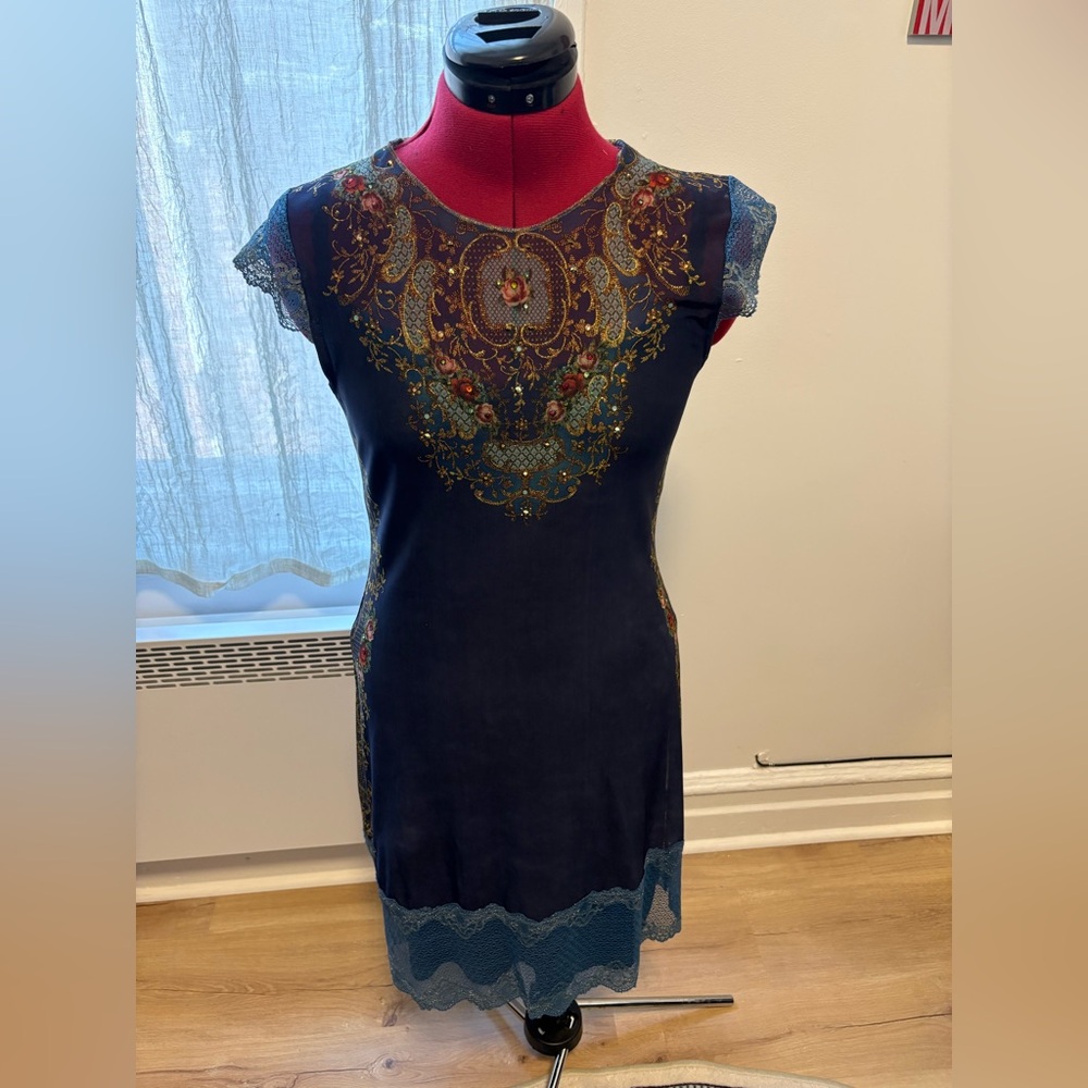 Michal Negrin Blue Net Floral Dress with Black Cami Slip